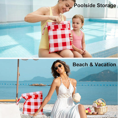 2 Pack Waterproof Wet Dry Bags for Swimsuit & Cloth Diapers - Double Zippered Reusable Wet Bag - Leak-Resistant Storage Pouch Bag, Travel Essential for Beach Pool Gym (2pcs, Red Checkered)