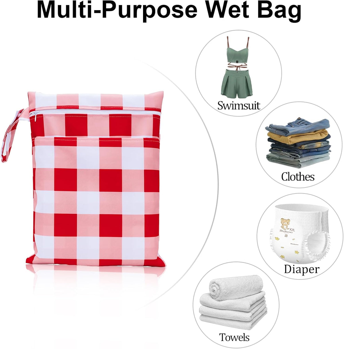 2 Pack Waterproof Wet Dry Bags for Swimsuit & Cloth Diapers - Double Zippered Reusable Wet Bag - Leak-Resistant Storage Pouch Bag, Travel Essential for Beach Pool Gym (2pcs, Red Checkered)