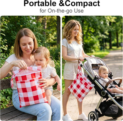 2 Pack Waterproof Wet Dry Bags for Swimsuit & Cloth Diapers - Double Zippered Reusable Wet Bag - Leak-Resistant Storage Pouch Bag, Travel Essential for Beach Pool Gym (2pcs, Red Checkered)