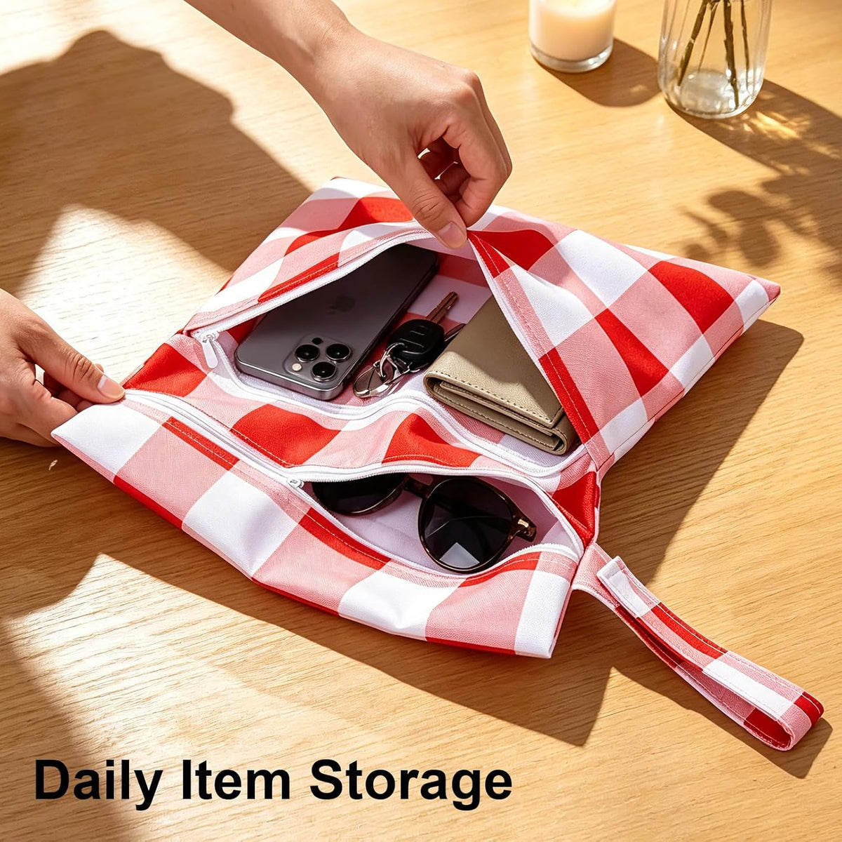 2 Pack Waterproof Wet Dry Bags for Swimsuit & Cloth Diapers - Double Zippered Reusable Wet Bag - Leak-Resistant Storage Pouch Bag, Travel Essential for Beach Pool Gym (2pcs, Red Checkered)