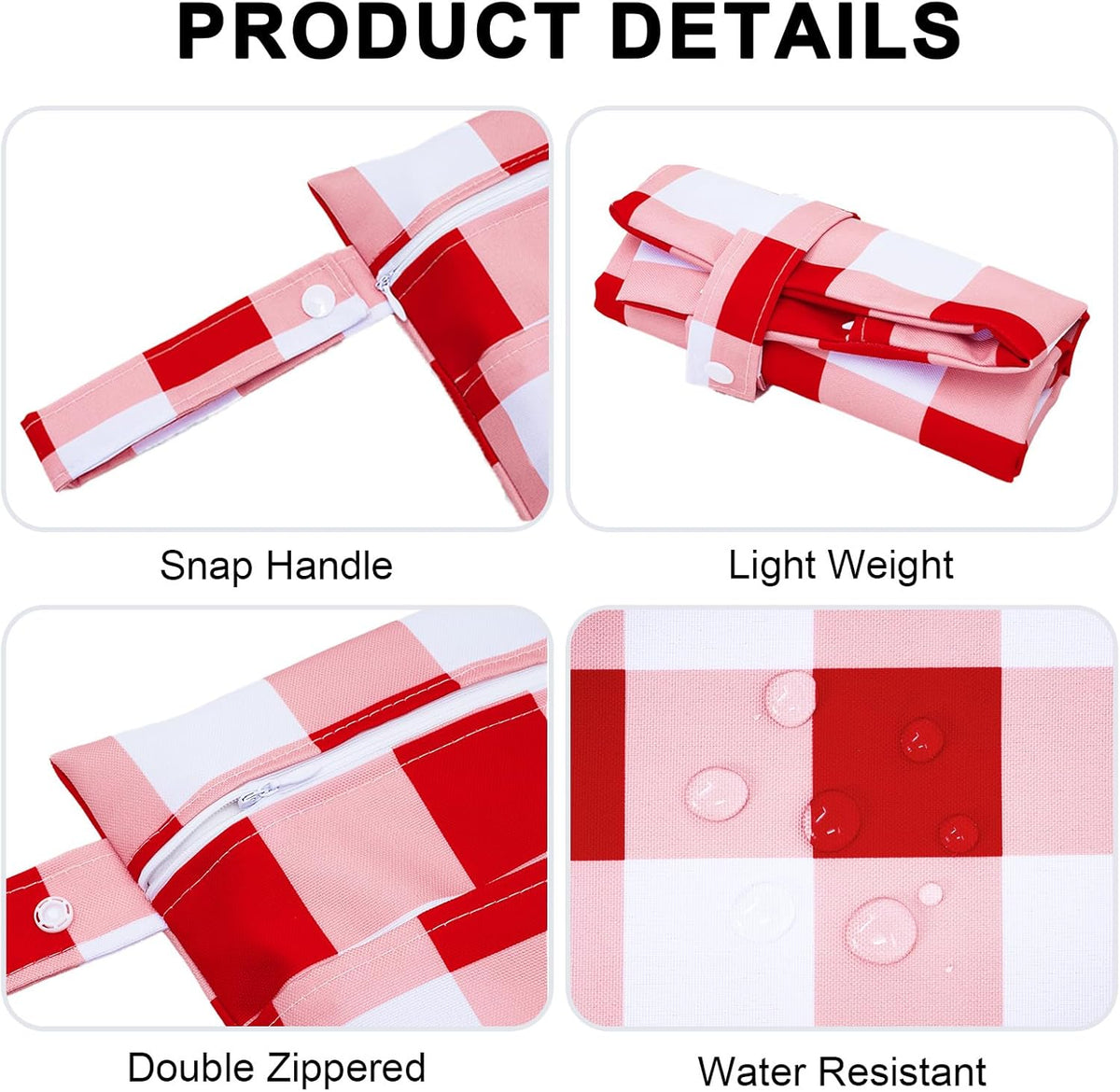 2 Pack Waterproof Wet Dry Bags for Swimsuit & Cloth Diapers - Double Zippered Reusable Wet Bag - Leak-Resistant Storage Pouch Bag, Travel Essential for Beach Pool Gym (2pcs, Red Checkered)