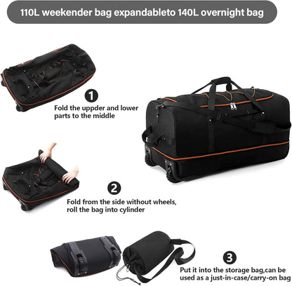 Rolling Duffle Bag with Wheels,110L/140L Expandable Soft-Sided Foldable Duffle Bag with 2 Rubber Wheels,Packable 32” Rolling Carry-On with Pockets & Compartments (Grey)