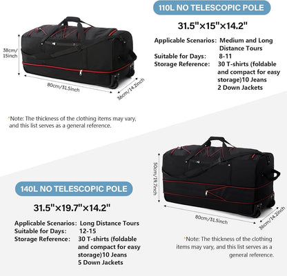 Rolling Duffle Bag with Wheels,110L/140L Expandable Soft-Sided Foldable Duffle Bag with 2 Rubber Wheels,Packable 32” Rolling Carry-On with Pockets & Compartments (Grey)