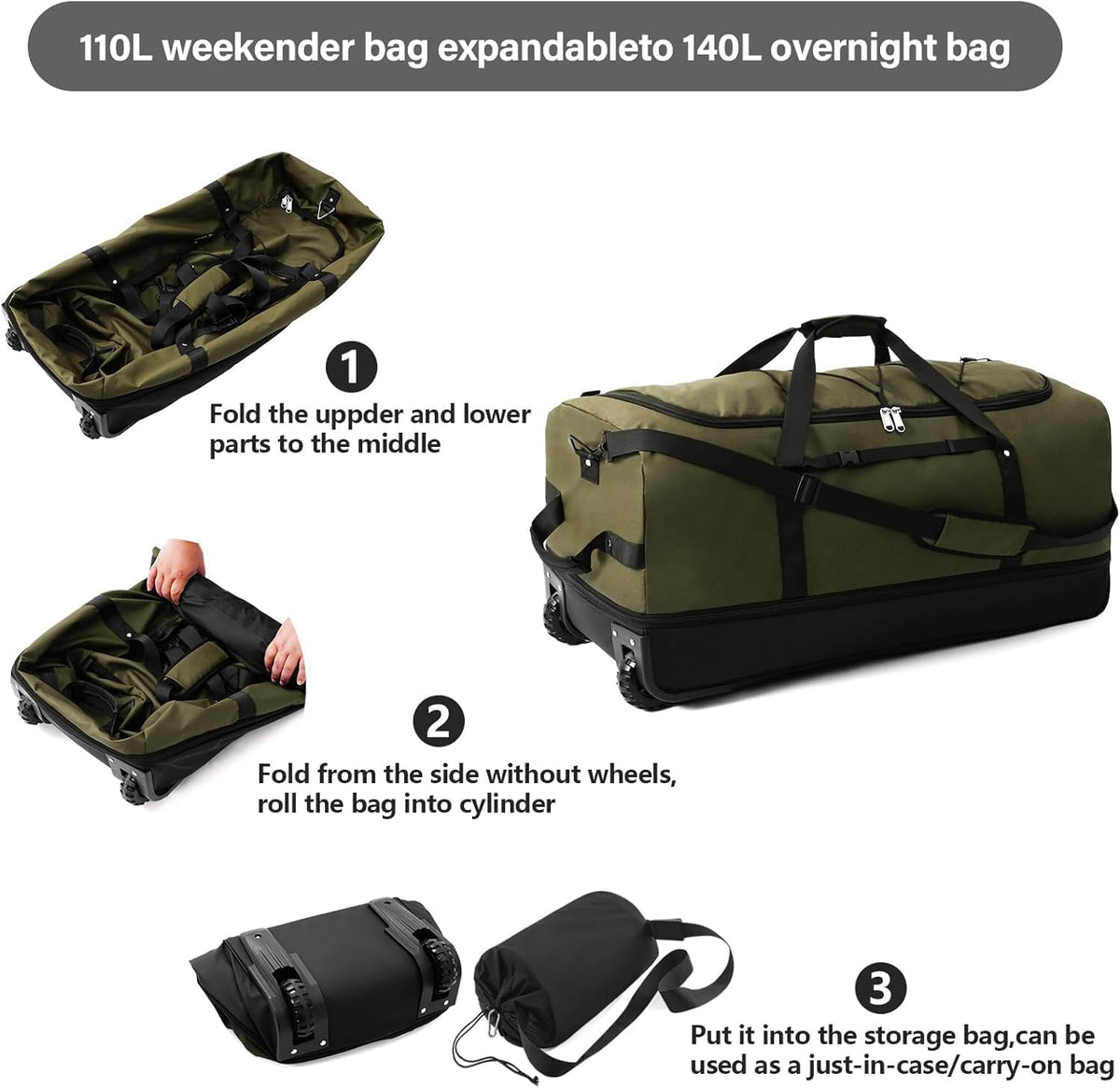 Rolling Duffle Bag with Wheels,110L/140L Expandable Soft-Sided Foldable Duffle Bag with 2 Rubber Wheels,Packable 32” Rolling Carry-On with Pockets & Compartments (Grey)