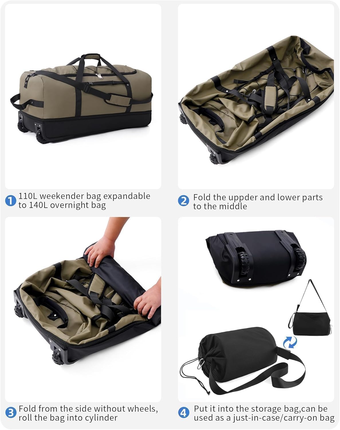Rolling Duffle Bag with Wheels,110L/140L Expandable Soft-Sided Foldable Duffle Bag with 2 Rubber Wheels,Packable 32” Rolling Carry-On with Pockets & Compartments (Grey)