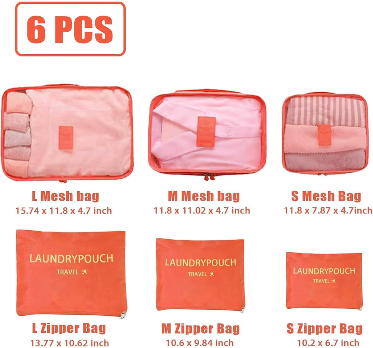 6 Set Packing Cubes for Travel Luggage Organizer Bags Reusable washable Suitcase Packing Cubes Set Travel Accessories Essentials (Orange)