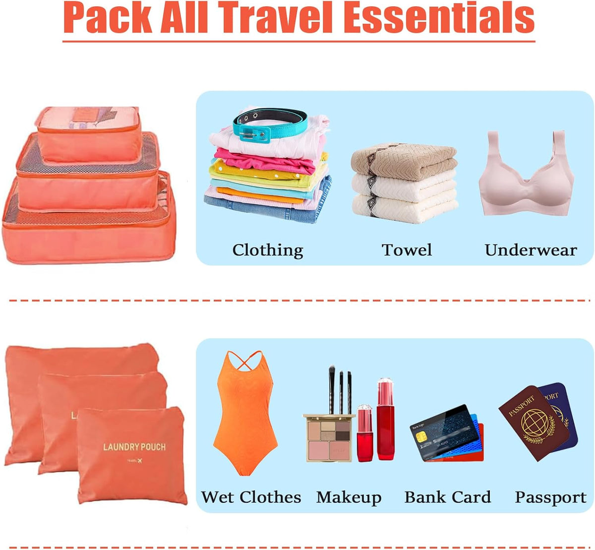 6 Set Packing Cubes for Travel Luggage Organizer Bags Reusable washable Suitcase Packing Cubes Set Travel Accessories Essentials (Orange)