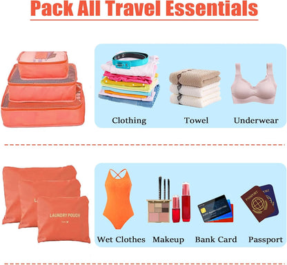 6 Set Packing Cubes for Travel Luggage Organizer Bags Reusable washable Suitcase Packing Cubes Set Travel Accessories Essentials (Orange)