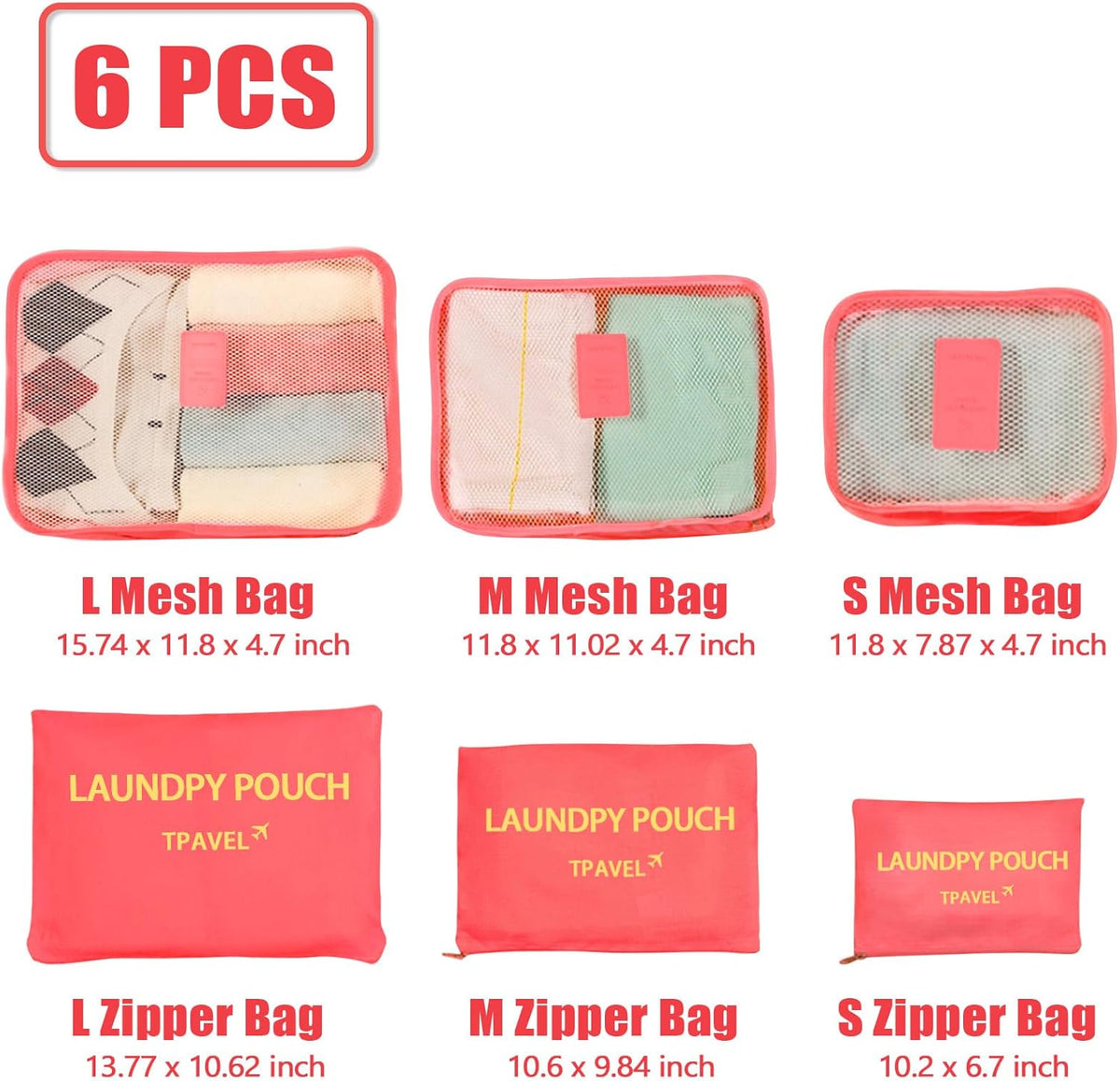 6 Set Packing Cubes for Travel Luggage Organizer Bags Reusable washable Suitcase Packing Cubes Set Travel Accessories Essentials (Orange)