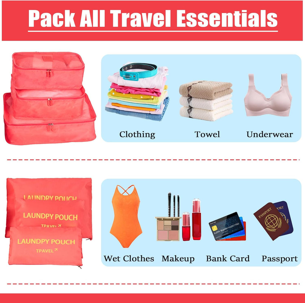 6 Set Packing Cubes for Travel Luggage Organizer Bags Reusable washable Suitcase Packing Cubes Set Travel Accessories Essentials (Orange)