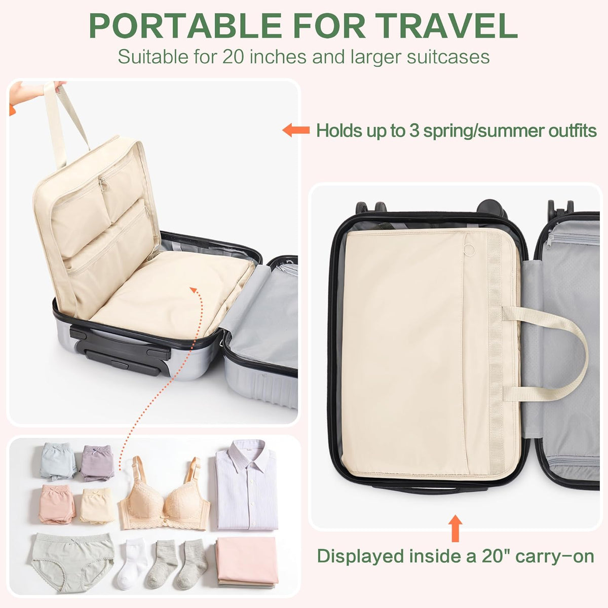 Hanging Travel Organizer for Clothes, 5 in 1 Portable Luggage Packing Cubes for Travel, Foldable Hanging Bag for Women, Green