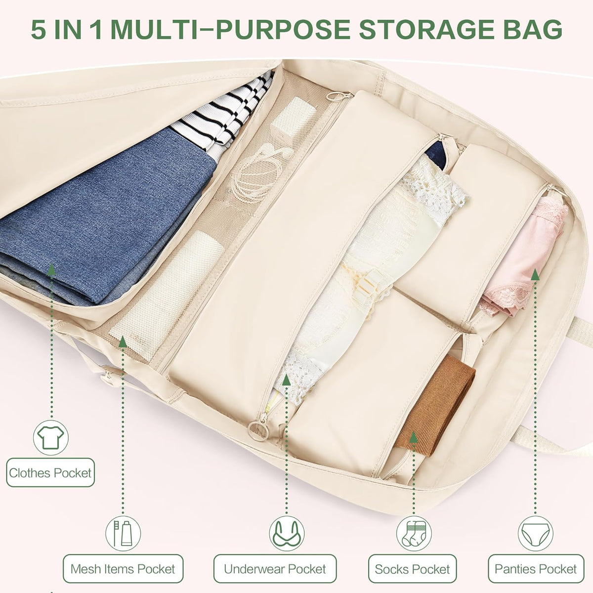 Hanging Travel Organizer for Clothes, 5 in 1 Portable Luggage Packing Cubes for Travel, Foldable Hanging Bag for Women, Green