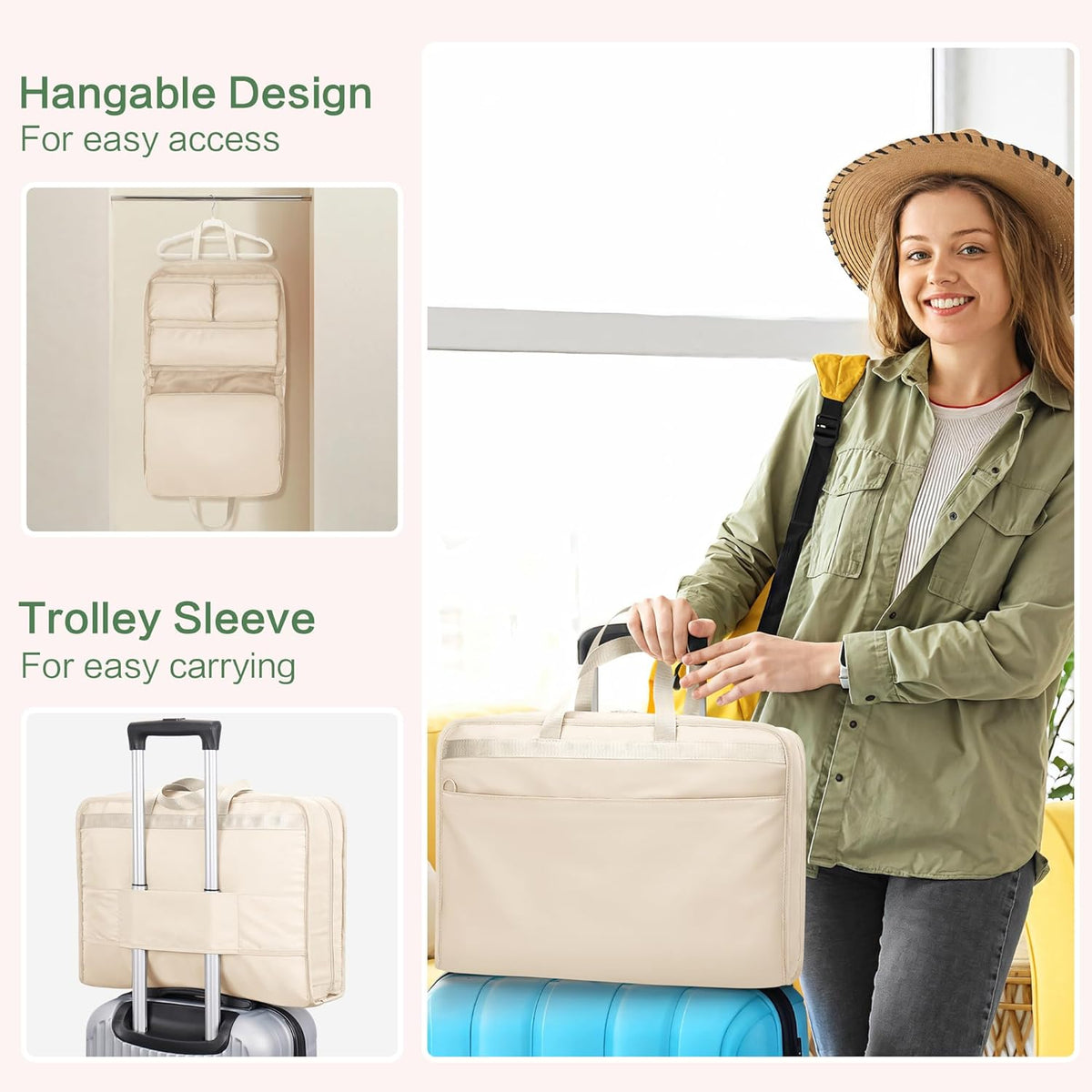 Hanging Travel Organizer for Clothes, 5 in 1 Portable Luggage Packing Cubes for Travel, Foldable Hanging Bag for Women, Green