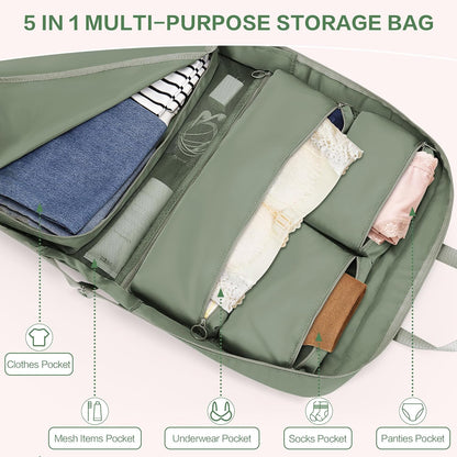 Hanging Travel Organizer for Clothes, 5 in 1 Portable Luggage Packing Cubes for Travel, Foldable Hanging Bag for Women, Green