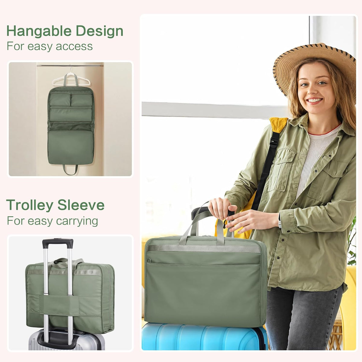 Hanging Travel Organizer for Clothes, 5 in 1 Portable Luggage Packing Cubes for Travel, Foldable Hanging Bag for Women, Green