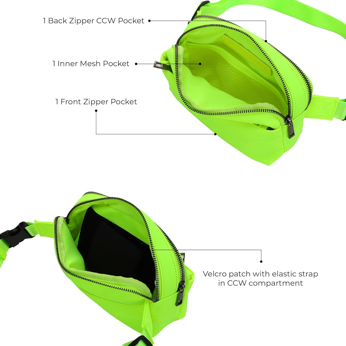 Crossbody Nylon Waist Pack with Adjustable Buckle Strap Fashion Multi Pocket Belt Bag | Neon Green