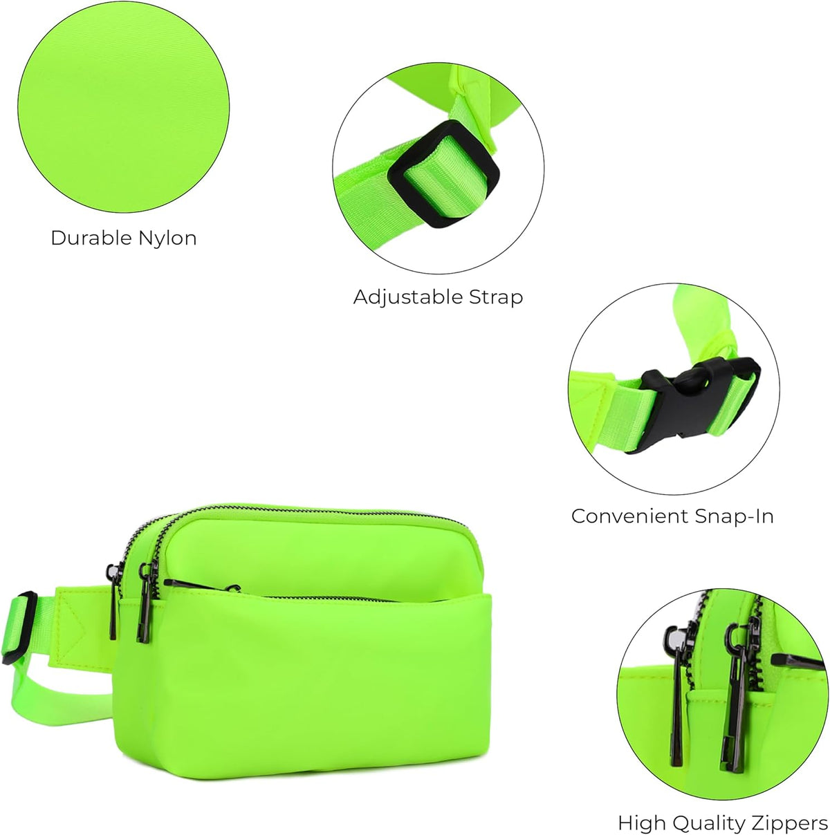 Crossbody Nylon Waist Pack with Adjustable Buckle Strap Fashion Multi Pocket Belt Bag | Neon Green