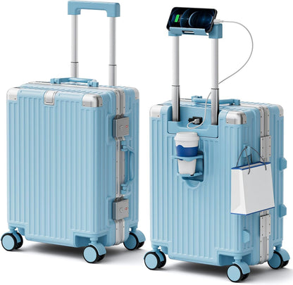 Carry On Luggage, Zipperless Hardside Suitcase, Mint Green, 20 in | Aluminum Frame, Airline Approved, Charger Port, Cup and Phone Holder, Side and Front Hook, Metal Corner Protectors, TSA Lock