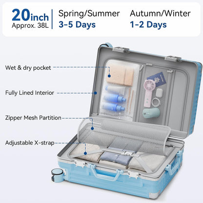 Carry On Luggage, Zipperless Hardside Suitcase, Mint Green, 20 in | Aluminum Frame, Airline Approved, Charger Port, Cup and Phone Holder, Side and Front Hook, Metal Corner Protectors, TSA Lock