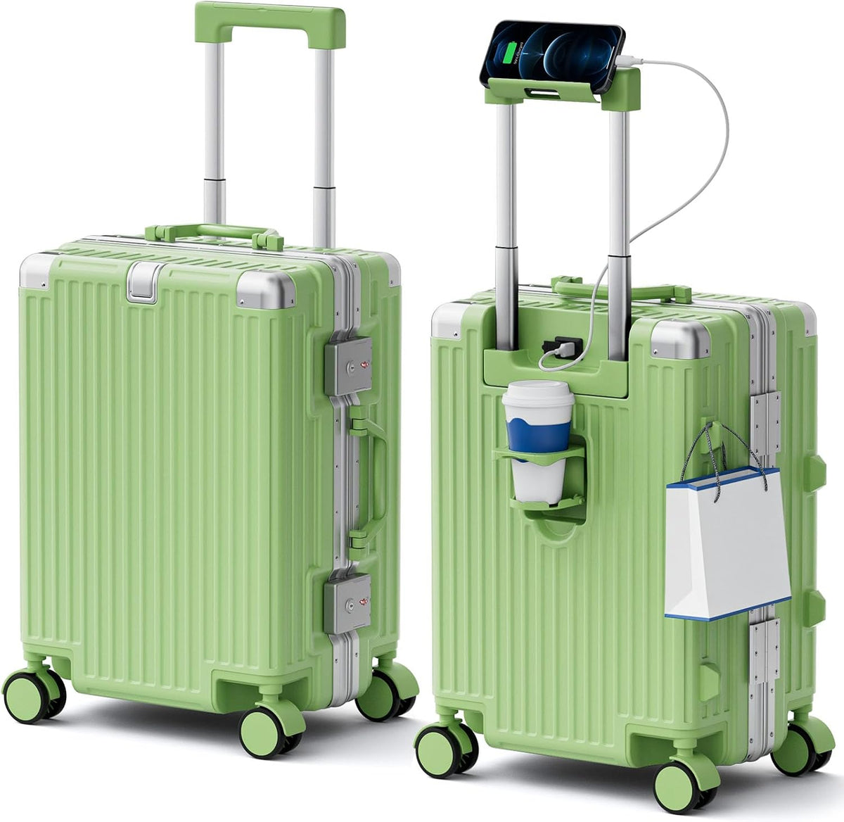 Carry On Luggage, Zipperless Hardside Suitcase, Mint Green, 20 in | Aluminum Frame, Airline Approved, Charger Port, Cup and Phone Holder, Side and Front Hook, Metal Corner Protectors, TSA Lock