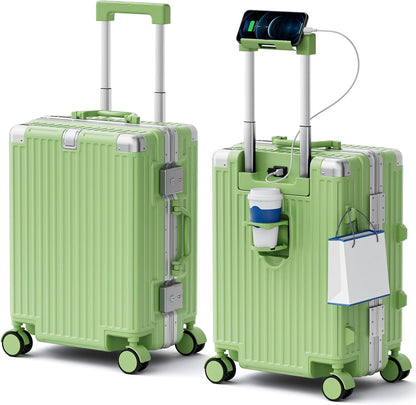 Carry On Luggage, Zipperless Hardside Suitcase, Mint Green, 20 in | Aluminum Frame, Airline Approved, Charger Port, Cup and Phone Holder, Side and Front Hook, Metal Corner Protectors, TSA Lock