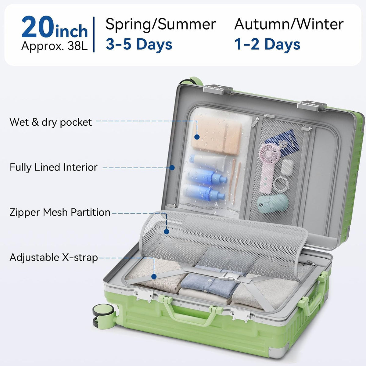 Carry On Luggage, Zipperless Hardside Suitcase, Mint Green, 20 in | Aluminum Frame, Airline Approved, Charger Port, Cup and Phone Holder, Side and Front Hook, Metal Corner Protectors, TSA Lock