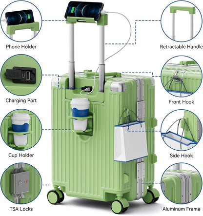 Carry On Luggage, Zipperless Hardside Suitcase, Mint Green, 20 in | Aluminum Frame, Airline Approved, Charger Port, Cup and Phone Holder, Side and Front Hook, Metal Corner Protectors, TSA Lock