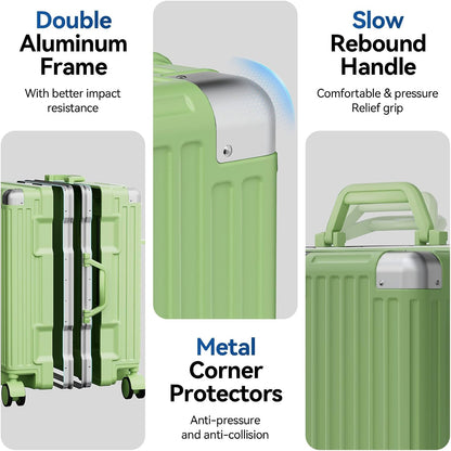 Carry On Luggage, Zipperless Hardside Suitcase, Mint Green, 20 in | Aluminum Frame, Airline Approved, Charger Port, Cup and Phone Holder, Side and Front Hook, Metal Corner Protectors, TSA Lock