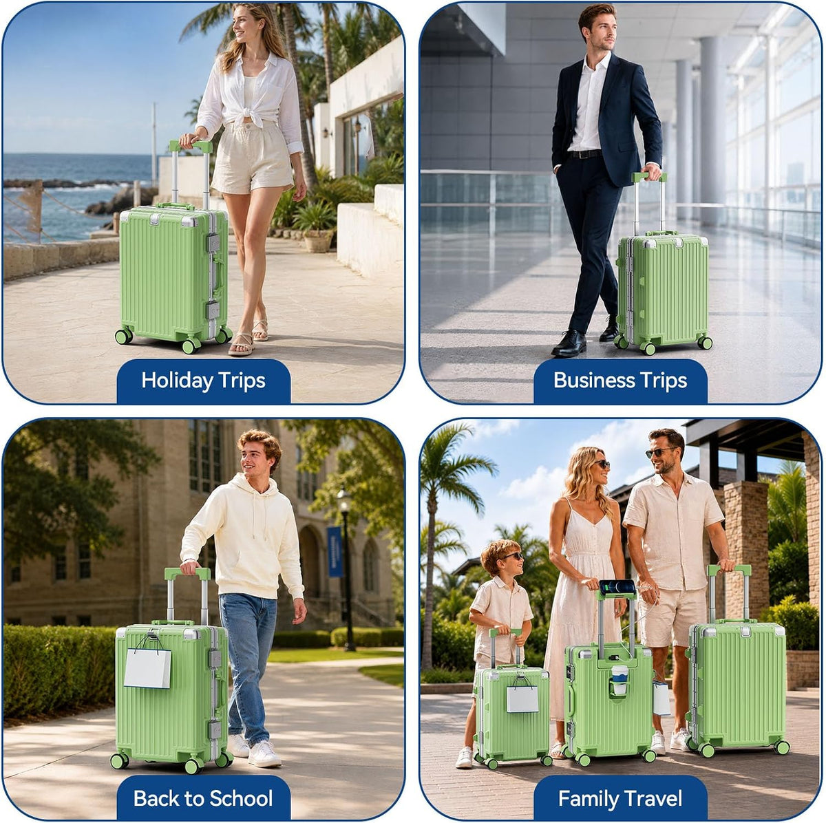 Carry On Luggage, Zipperless Hardside Suitcase, Mint Green, 20 in | Aluminum Frame, Airline Approved, Charger Port, Cup and Phone Holder, Side and Front Hook, Metal Corner Protectors, TSA Lock