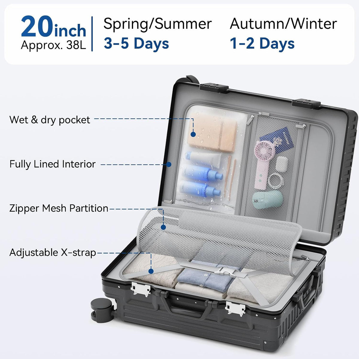 Carry On Luggage, Zipperless Hardside Suitcase, Mint Green, 20 in | Aluminum Frame, Airline Approved, Charger Port, Cup and Phone Holder, Side and Front Hook, Metal Corner Protectors, TSA Lock