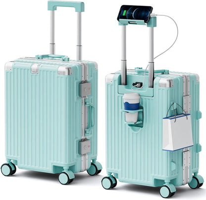 Carry On Luggage, Zipperless Hardside Suitcase, Mint Green, 20 in | Aluminum Frame, Airline Approved, Charger Port, Cup and Phone Holder, Side and Front Hook, Metal Corner Protectors, TSA Lock