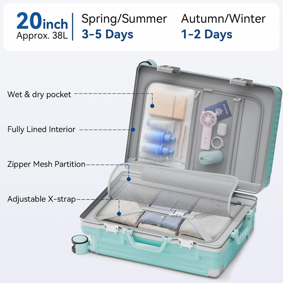 Carry On Luggage, Zipperless Hardside Suitcase, Mint Green, 20 in | Aluminum Frame, Airline Approved, Charger Port, Cup and Phone Holder, Side and Front Hook, Metal Corner Protectors, TSA Lock