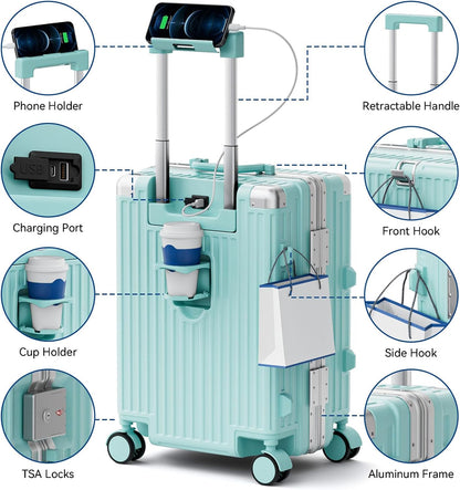 Carry On Luggage, Zipperless Hardside Suitcase, Mint Green, 20 in | Aluminum Frame, Airline Approved, Charger Port, Cup and Phone Holder, Side and Front Hook, Metal Corner Protectors, TSA Lock