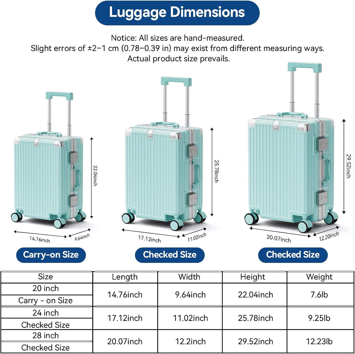 Carry On Luggage, Zipperless Hardside Suitcase, Mint Green, 20 in | Aluminum Frame, Airline Approved, Charger Port, Cup and Phone Holder, Side and Front Hook, Metal Corner Protectors, TSA Lock