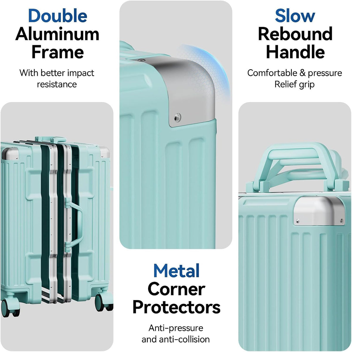 Carry On Luggage, Zipperless Hardside Suitcase, Mint Green, 20 in | Aluminum Frame, Airline Approved, Charger Port, Cup and Phone Holder, Side and Front Hook, Metal Corner Protectors, TSA Lock