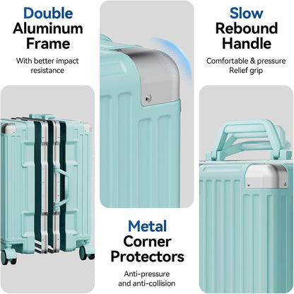 Carry On Luggage, Zipperless Hardside Suitcase, Mint Green, 20 in | Aluminum Frame, Airline Approved, Charger Port, Cup and Phone Holder, Side and Front Hook, Metal Corner Protectors, TSA Lock