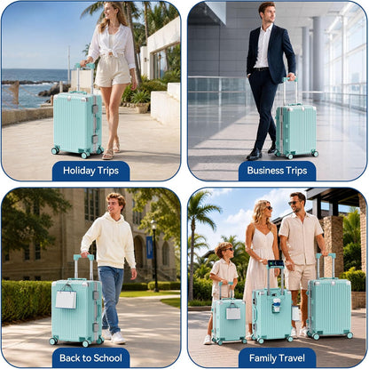 Carry On Luggage, Zipperless Hardside Suitcase, Mint Green, 20 in | Aluminum Frame, Airline Approved, Charger Port, Cup and Phone Holder, Side and Front Hook, Metal Corner Protectors, TSA Lock