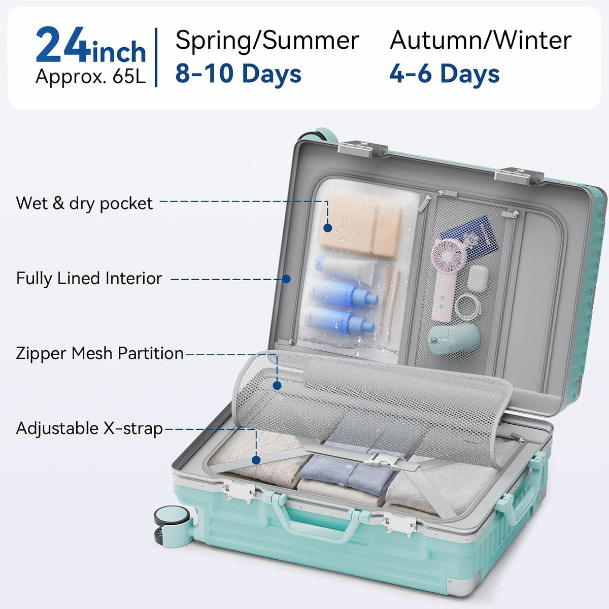 Carry On Luggage, Zipperless Hardside Suitcase, Mint Green, 20 in | Aluminum Frame, Airline Approved, Charger Port, Cup and Phone Holder, Side and Front Hook, Metal Corner Protectors, TSA Lock