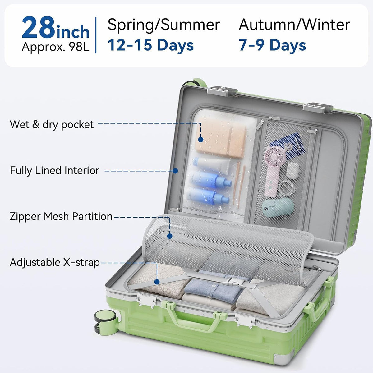 Carry On Luggage, Zipperless Hardside Suitcase, Mint Green, 20 in | Aluminum Frame, Airline Approved, Charger Port, Cup and Phone Holder, Side and Front Hook, Metal Corner Protectors, TSA Lock