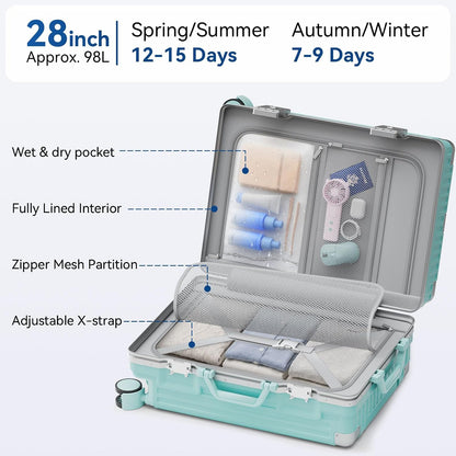 Carry On Luggage, Zipperless Hardside Suitcase, Mint Green, 20 in | Aluminum Frame, Airline Approved, Charger Port, Cup and Phone Holder, Side and Front Hook, Metal Corner Protectors, TSA Lock