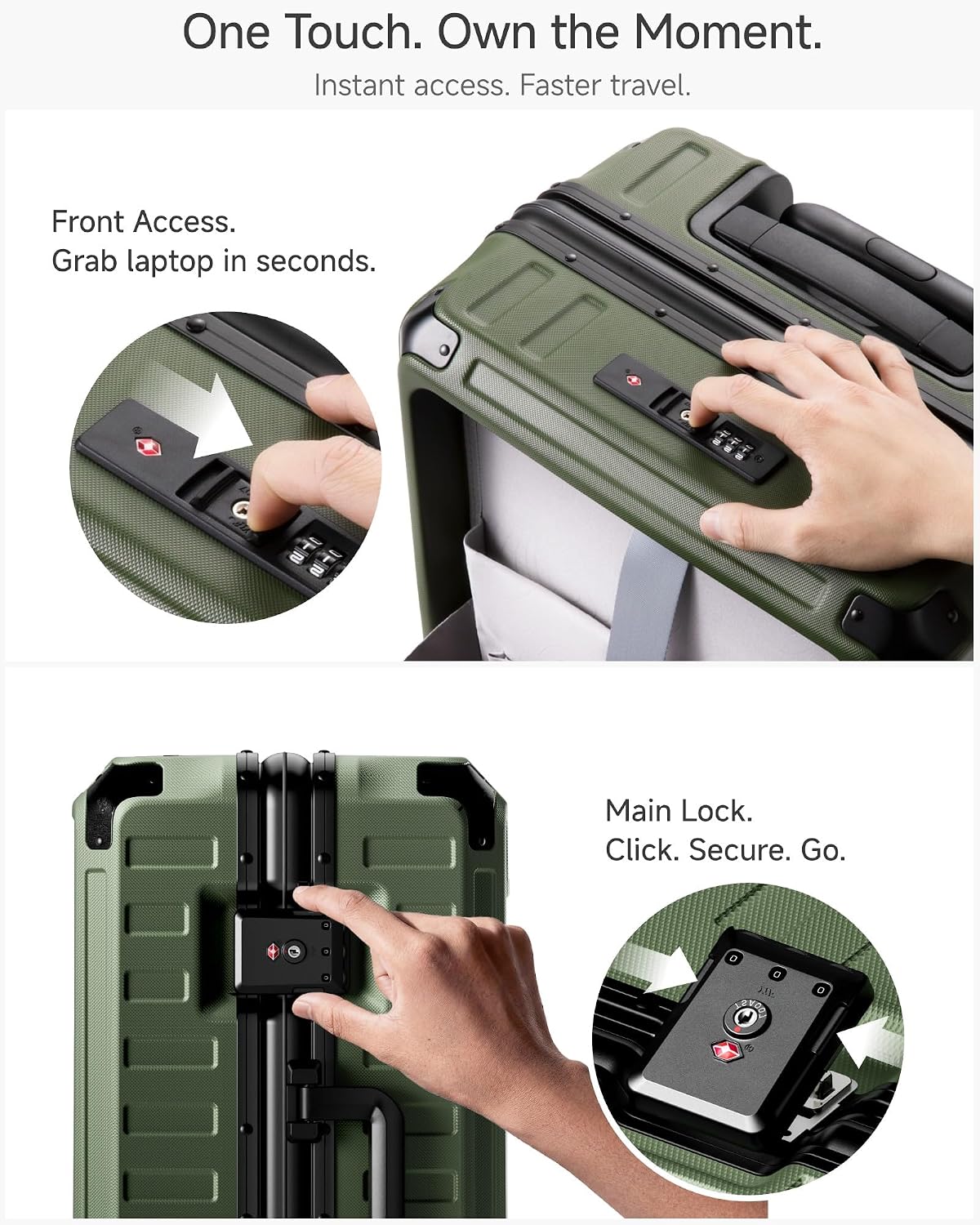 LUGGEX Zipperless Carry On Luggage with Spinner Wheels 22.5" x 15.5" x 9.6", SF81 Aluminum Polycarbonate Hard Shell Front Opening Suitcase, TSA & Cup Holder (ZX-Pro, Olive Green)
