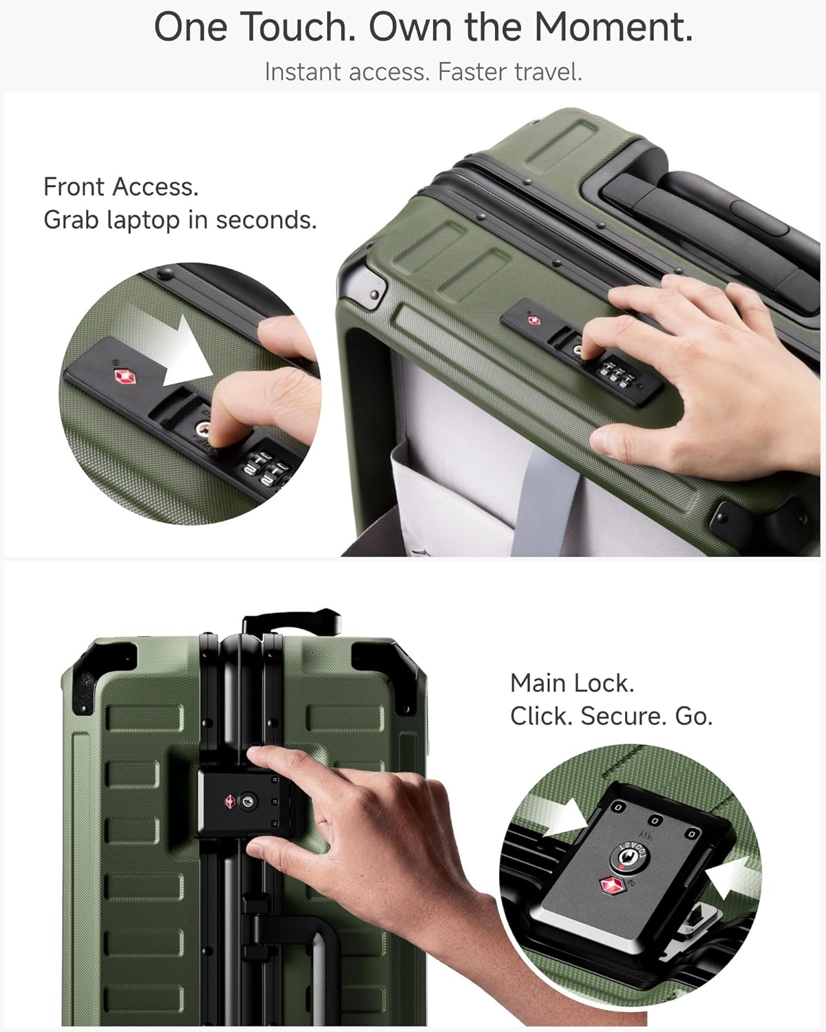 LUGGEX Zipperless Carry On Luggage with Spinner Wheels 22.5" x 15.5" x 9.6", SF81 Aluminum Polycarbonate Hard Shell Front Opening Suitcase, TSA & Cup Holder (ZX-Pro, Olive Green)