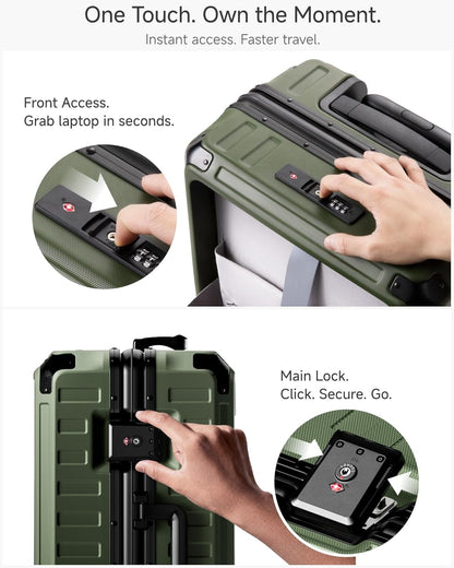 LUGGEX Zipperless Carry On Luggage with Spinner Wheels 22.5" x 15.5" x 9.6", SF81 Aluminum Polycarbonate Hard Shell Front Opening Suitcase, TSA & Cup Holder (ZX-Pro, Olive Green)