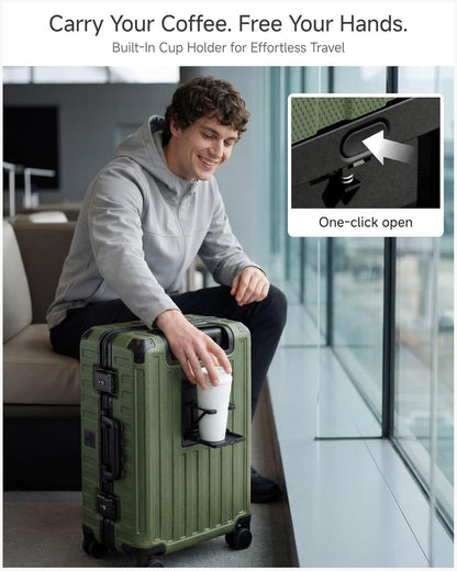 LUGGEX Zipperless Carry On Luggage with Spinner Wheels 22.5" x 15.5" x 9.6", SF81 Aluminum Polycarbonate Hard Shell Front Opening Suitcase, TSA & Cup Holder (ZX-Pro, Olive Green)