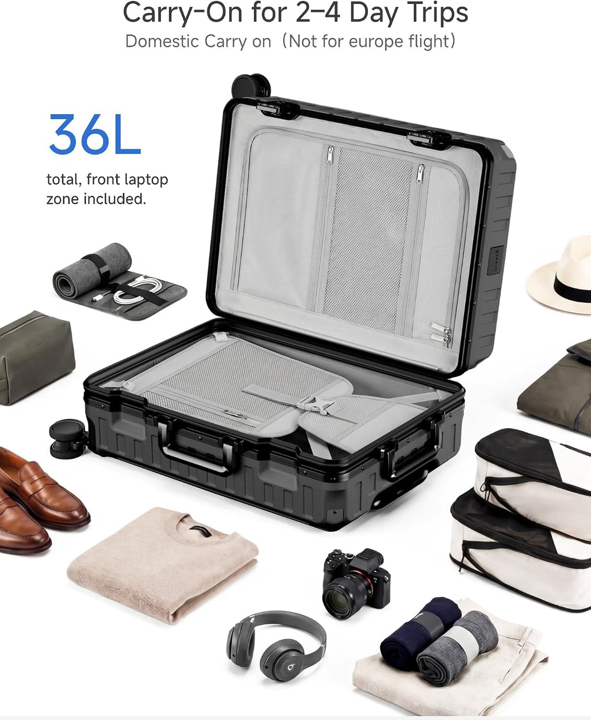 LUGGEX Zipperless Carry On Luggage with Spinner Wheels 22.5" x 15.5" x 9.6", SF81 Aluminum Polycarbonate Hard Shell Front Opening Suitcase, TSA & Cup Holder (ZX-Pro, Olive Green)