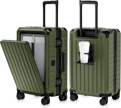 LUGGEX Zipperless Carry On Luggage with Spinner Wheels 22.5" x 15.5" x 9.6", SF81 Aluminum Polycarbonate Hard Shell Front Opening Suitcase, TSA & Cup Holder (ZX-Pro, Olive Green)