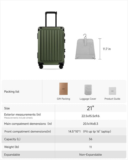 LUGGEX Zipperless Carry On Luggage with Spinner Wheels 22.5" x 15.5" x 9.6", SF81 Aluminum Polycarbonate Hard Shell Front Opening Suitcase, TSA & Cup Holder (ZX-Pro, Olive Green)