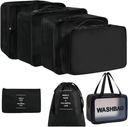 Travel packing cube 7 Piece Set, Suitcase Organizer Luggage Cubes with Wash Bag, suitcase organizer, Multi-Purpose Dispenser Bags (Black)