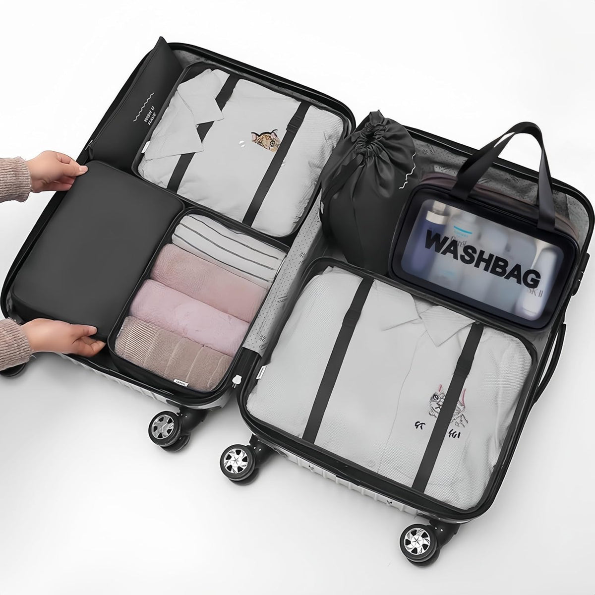 Travel packing cube 7 Piece Set, Suitcase Organizer Luggage Cubes with Wash Bag, suitcase organizer, Multi-Purpose Dispenser Bags (Black)