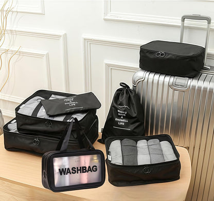 Travel packing cube 7 Piece Set, Suitcase Organizer Luggage Cubes with Wash Bag, suitcase organizer, Multi-Purpose Dispenser Bags (Black)